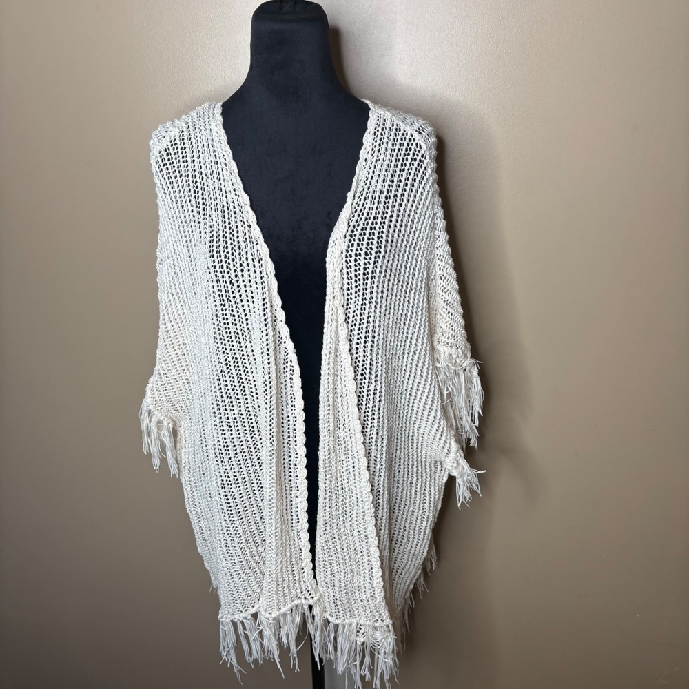 POL Kimono Small Cream Open Knit Fringe Cardigan Boho Crochet Beach Coverup